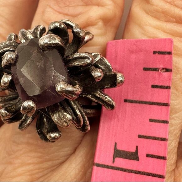 Lucky Brand Antique Look Distressed Silver Purple Boho Ring Adjustable Size 5-7 - Picture 5 of 10